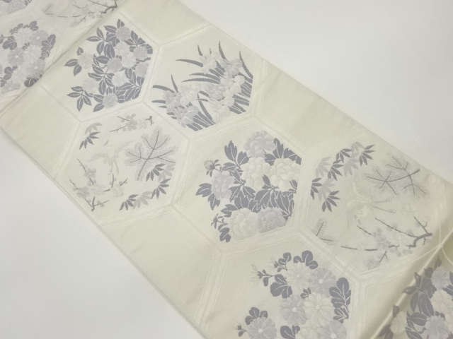 亀甲に鶴・花々模様織出し袋帯